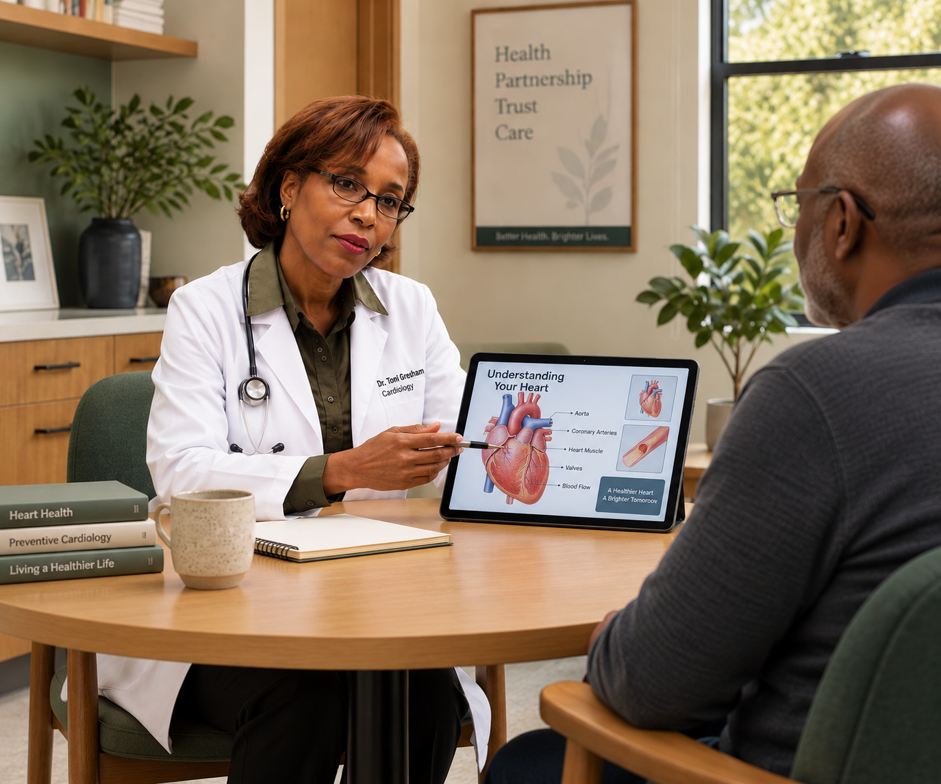 Dr. Tina Gresham consulting with a patient, reviewing a heart health diagram